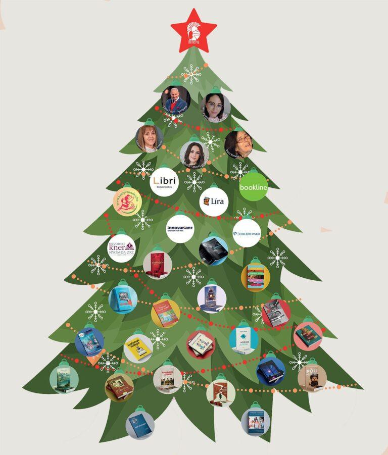A Minerva Kiadó rajzos karácsonyfája a munkatársak fotóval és a kiadó könyveinek képeivel díszítve.